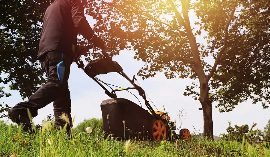 Een man maait het gras met een rode grasmaaier in de tuin. Het merk van de grasmaaier is niet zichtbaar op de afbeelding.