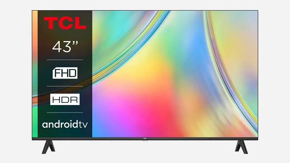 Vooraanzicht van een TCL Android-televisie van 43 inch met een kleurrijk abstract patroon.