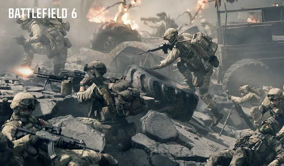 Zwaarbewapende soldaten vechten tussen puin, vlammen en kapotte voertuigen op een slagveld. Merk: Battlefield 6.