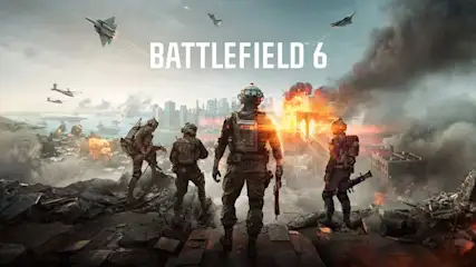 Vier zwaarbewapende soldaten kijken uit over een verwoeste stad met branden en explosies. Helikopters vliegen boven. Merk: Battlefield 6.