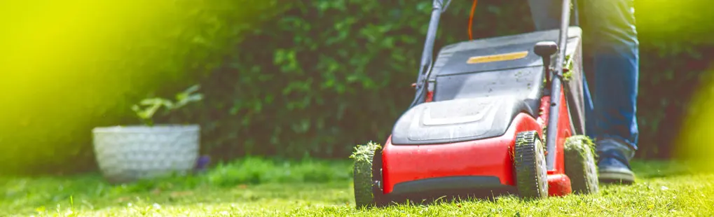 Een persoon maait het gras met een rode grasmaaier. Het merk is niet zichtbaar. Op de achtergrond staat een witte bloempot.