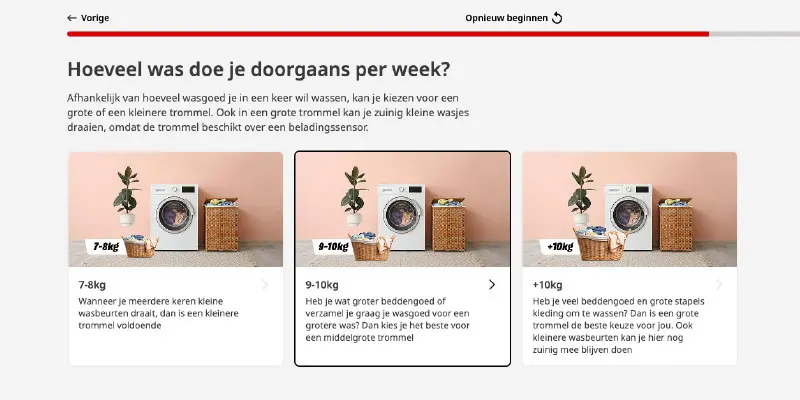 Drie afbeeldingen tonen wasmachines met wasmanden en planten tegen een roze achtergrond, met tekst over wasgoedhoeveelheden per week.