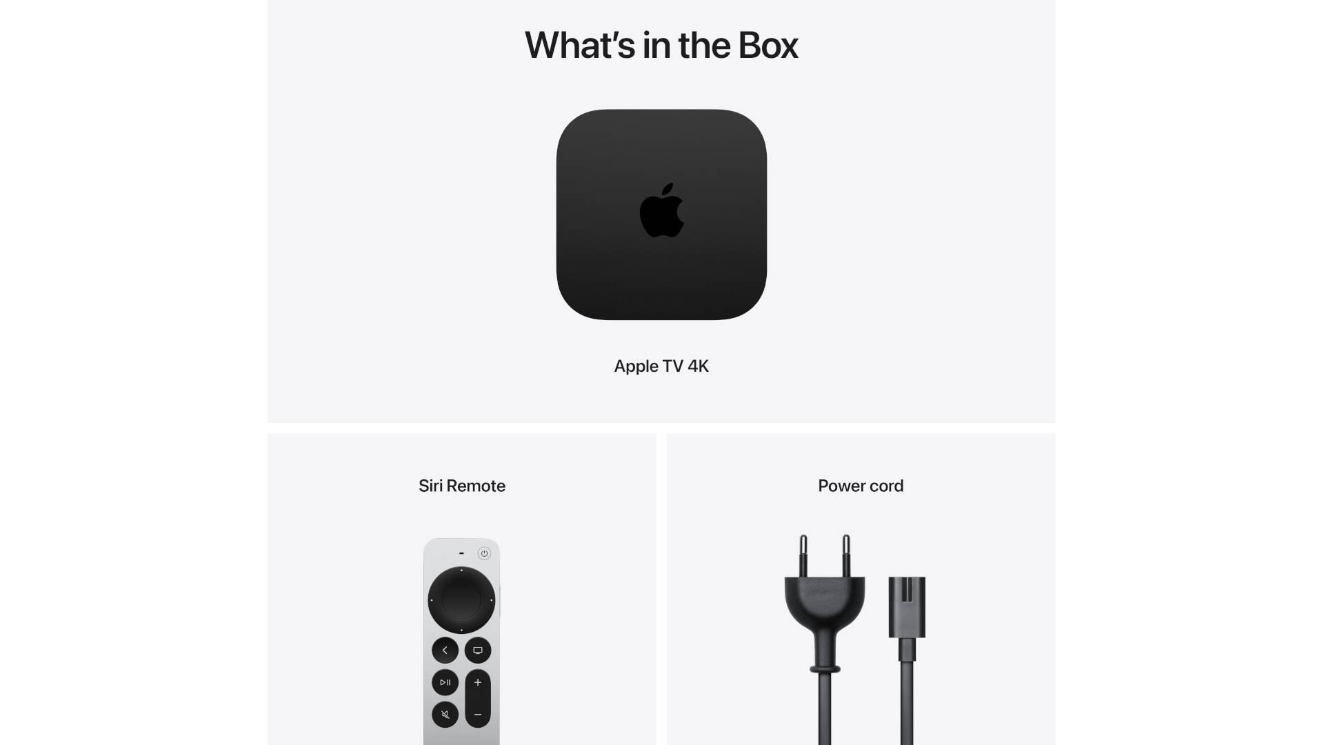 Apple TV 4K, Siri-afstandsbediening en stroomkabel staan op een witte achtergrond onder de titel 