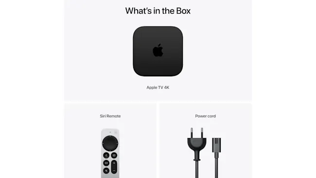 Apple TV 4K, Siri-afstandsbediening en stroomkabel staan op een witte achtergrond onder de titel