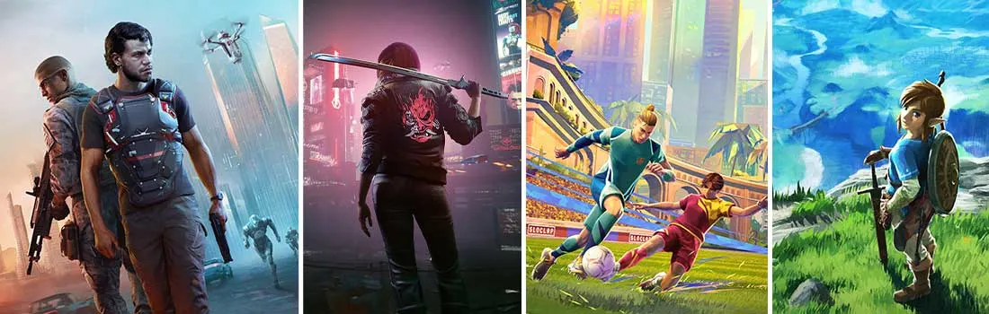 Een collage van vier verschillende videogames met diverse genres: een shooter, een cyberpunk-avontuur, een voetbalspel en een fantasie-avontuur in een kleurrijke open wereld.