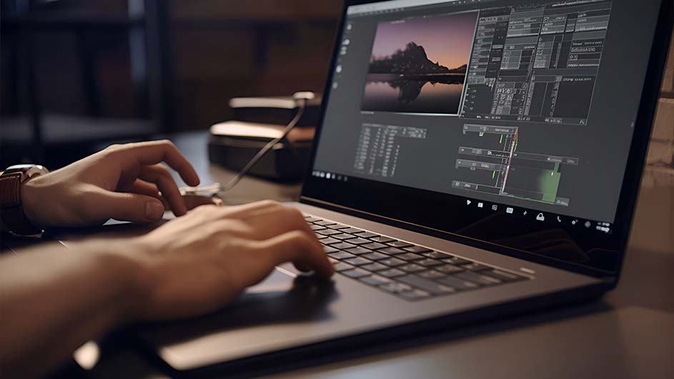 Een persoon typt op een laptop met een beeldbewerkingsprogramma open, dat een bergzicht bij zonsondergang toont.