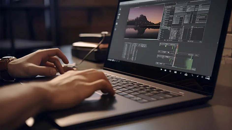 Een persoon typt op een laptop met een beeldbewerkingsprogramma open, dat een bergzicht bij zonsondergang toont.