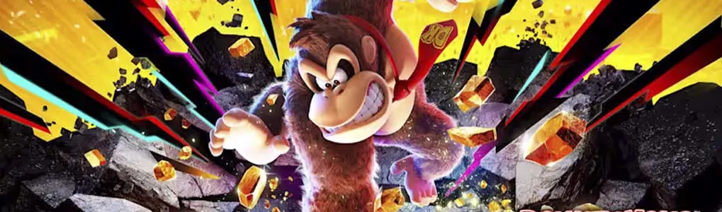 Donkey Kong springt krachtig door een rotsachtige ondergrond, omringd door explosieve lichtflitsen en brokstukken, met het logo "Donkey Kong Bananza" rechtsonder.