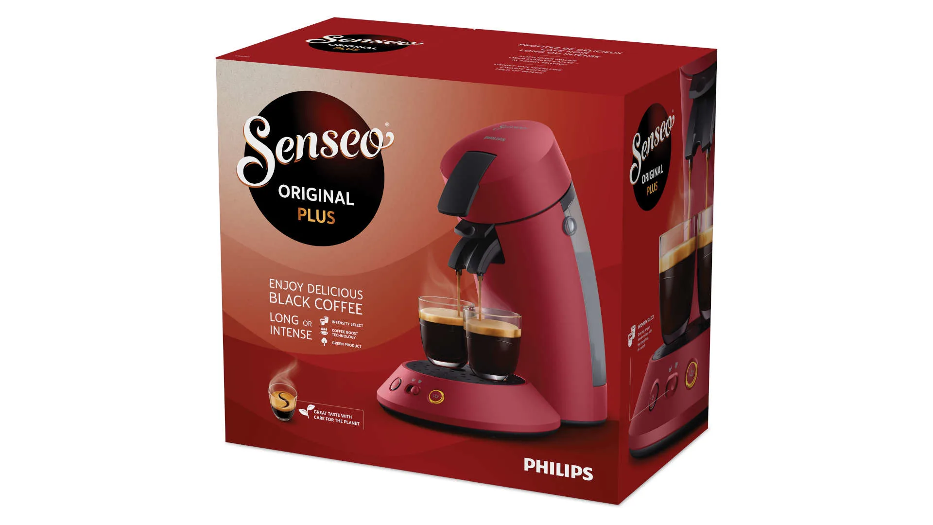 Een doos Senseo Original Plus koffiezetapparaat toont een rode machine die twee kopjes koffie zet. Het merk Philips staat onderaan.