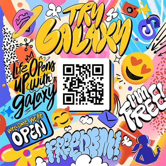 Kleurrijke collage met woorden als "Galaxy", "Open", en een QR-code. Emojis, een planeet, camera en een silhouet zijn ook zichtbaar.