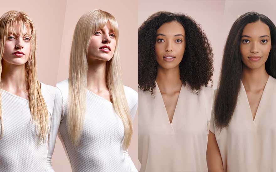 Four portraits show hair transformations, from damp or curly to smooth and straight, in soft studio lighting.