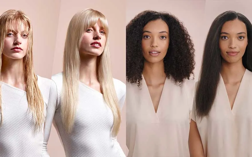 Four portraits show hair transformations, from damp or curly to smooth and straight, in soft studio lighting.