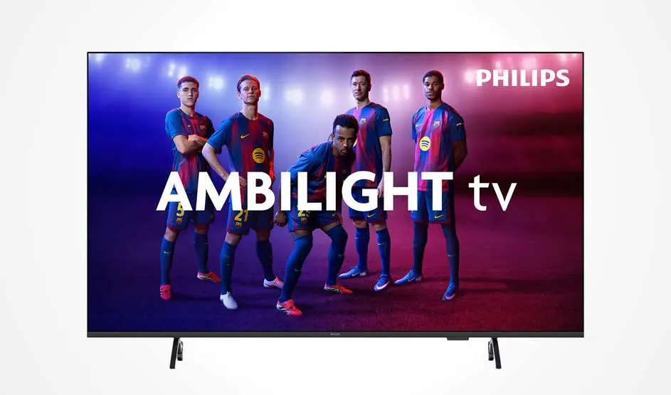 A Philips Ambilight TV shows five football players in uniform against a colorful background, as a striking ad image.