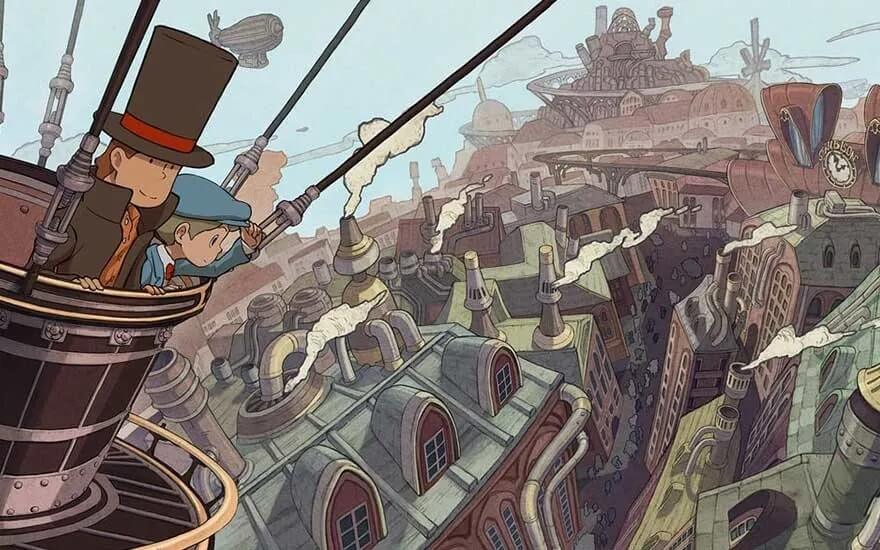 Videogame: In een luchtballonmand turen twee figuren neer op een rokerige steampunkstad met pijpen, daken en fabrieken.