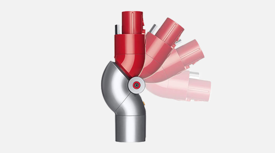 Rode, buisvormige stofzuigeraccessoire draait op een zilverkleurige, elleboogvormige basis tegen een witte achtergrond.