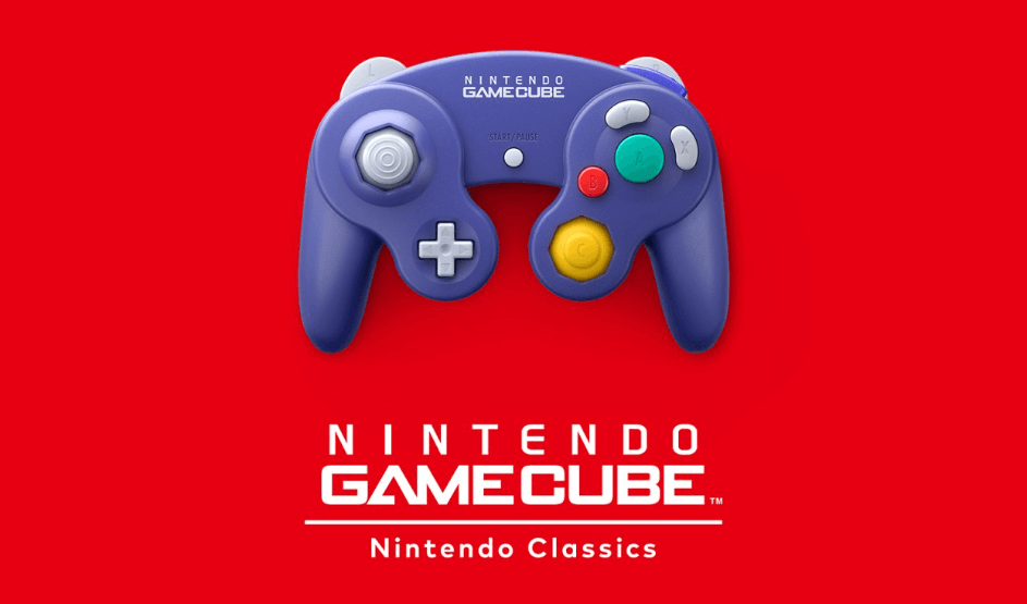 Op een rode achtergrond zie je een paarse Nintendo GameCube-controller met daaronder het witte Nintendo GameCube-logo en de tekst Nintendo Classics.