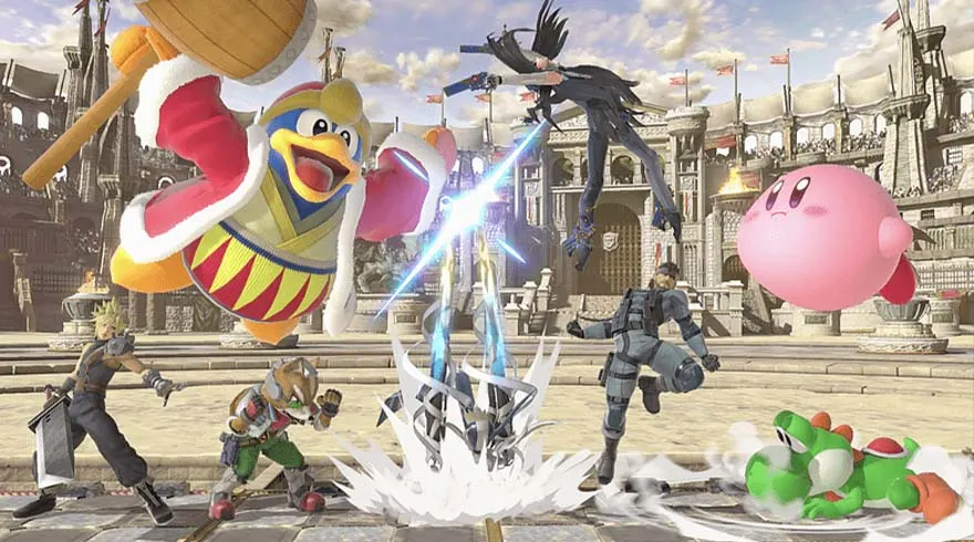 Diverse personages uit Super Smash Bros. vechten voor een kasteel tegen een blauwe achtergrond.
