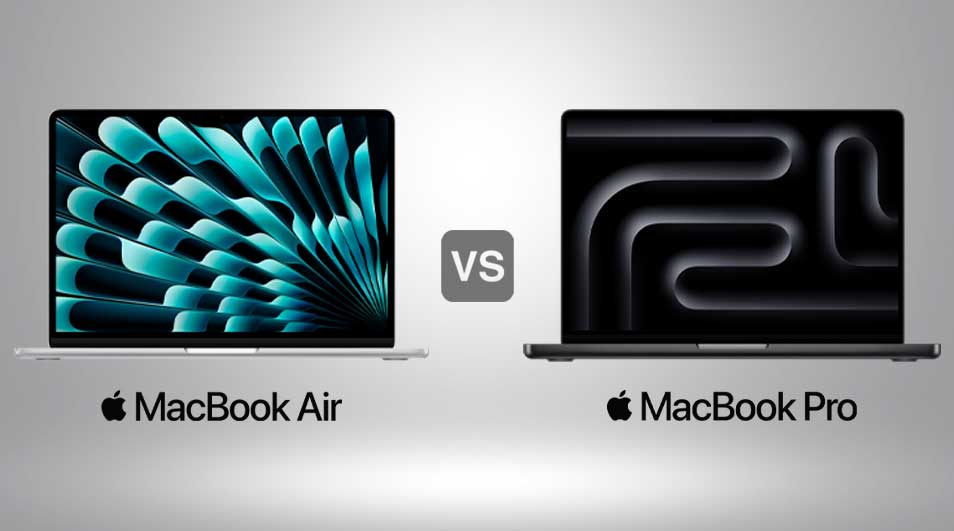 Two Apple laptops side by side: MacBook Air left with teal pattern, MacBook Pro right with dark pattern, “VS” between them.