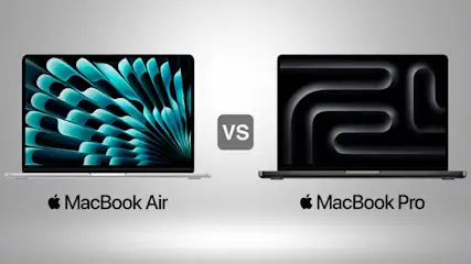 Two Apple laptops side by side: MacBook Air left with teal pattern, MacBook Pro right with dark pattern, “VS” between them.