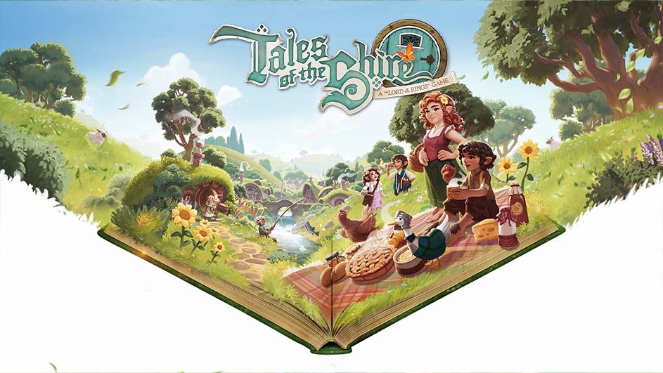 Illustratie van 'Tales of the Shire' als een open boek met een groene omslag. Het toont personages in een heuvelachtig landschap met bloemen, dieren en een rivier.