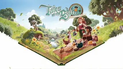 Illustratie van 'Tales of the Shire' als een open boek met een groene omslag. Het toont personages in een heuvelachtig landschap met bloemen, dieren en een rivier.