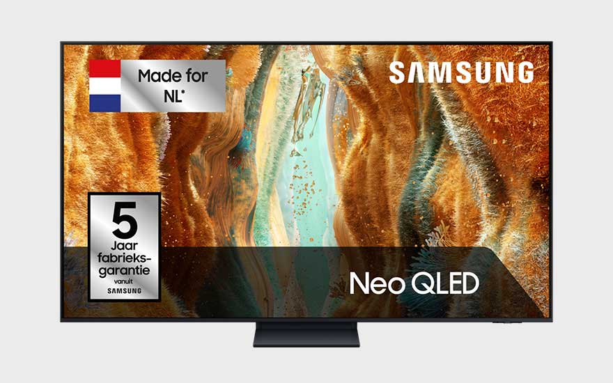 Samsung Neo QLED tv, abstracte goudblauwe afbeelding op het scherm, “Made for NL” en vijf jaar fabrieksgarantie gemeld.