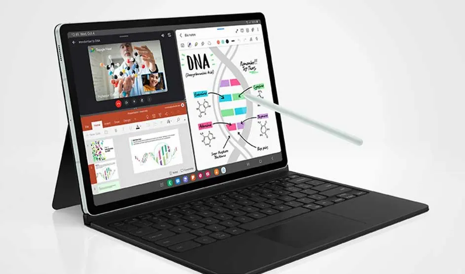 A Samsung Galaxy Tab is used with a keyboard and stylus, showing a video call, a DNA presentation, and handwritten notes on the display.