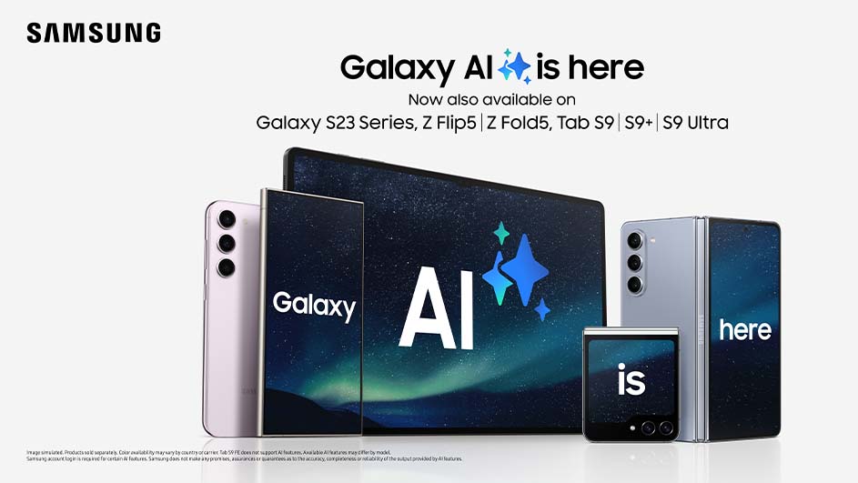 Samsung Galaxy AI promotie met telefoons en een tablet. De apparaten tonen de tekst "Galaxy AI is here".