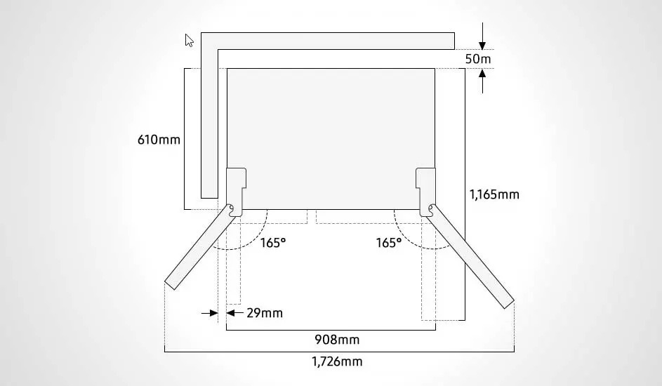 Technische tekening van een koelkast met geopende deuren op 165°, toont afmetingen: 610 mm diep, 1.165 mm hoog en 1.726 mm breed. Merk is onbekend.