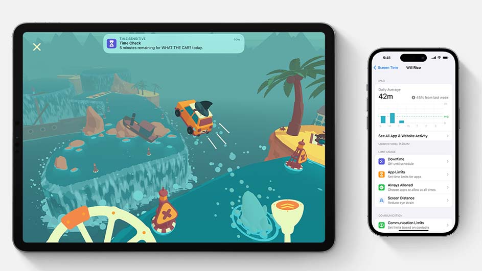 Tablet toont een autospel; telefoon toont schermtijd, app-instellingen.