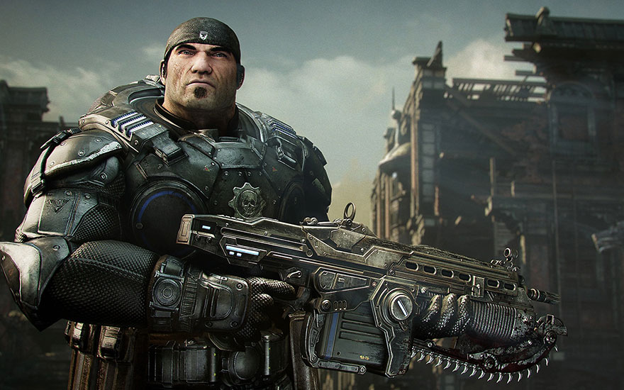 Stoere soldaat in zware bepantsering houdt futuristisch geweer vast tegen achtergrond van verwoeste industriële gebouwen. 