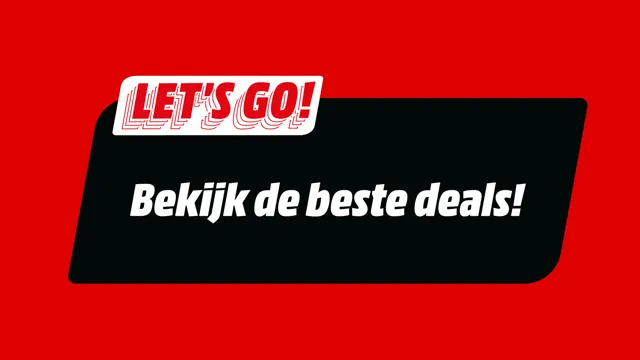 Rode achtergrond met een zwart vlak met witte tekst "Bekijk de beste deals!" Linksboven witte tekst "LET'S GO!" met rode schaduw.