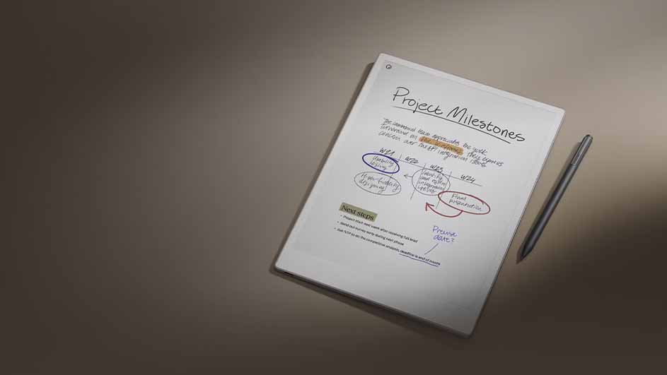 Een wit notitieblok met de titel "Project Mijlpalen" en handgeschreven notities, met een zilveren pen aan de rechterkant, op een bruine achtergrond.