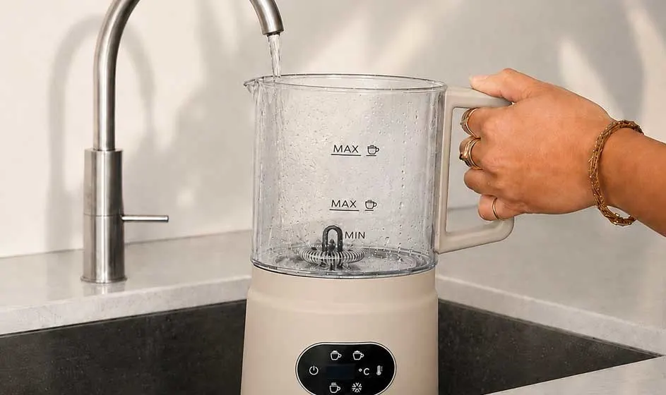 Een hand houdt de glazen kan van een witte melkopschuimer onder de kraan, terwijl water erin stroomt boven de gootsteen.