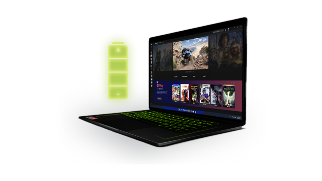 Een zwarte laptop met een groen verlicht toetsenbord staat open naast een groene batterij-indicator op een witte achtergrond.