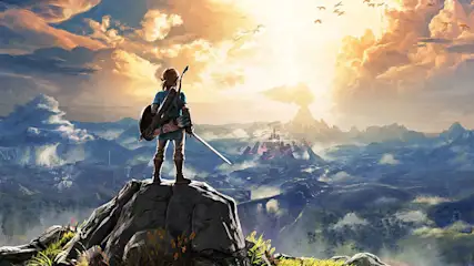 Epische Zelda-artwork met Link die uitkijkt over een uitgestrekt berglandschap bij zonsondergang, met vogels die door de lucht vliegen.