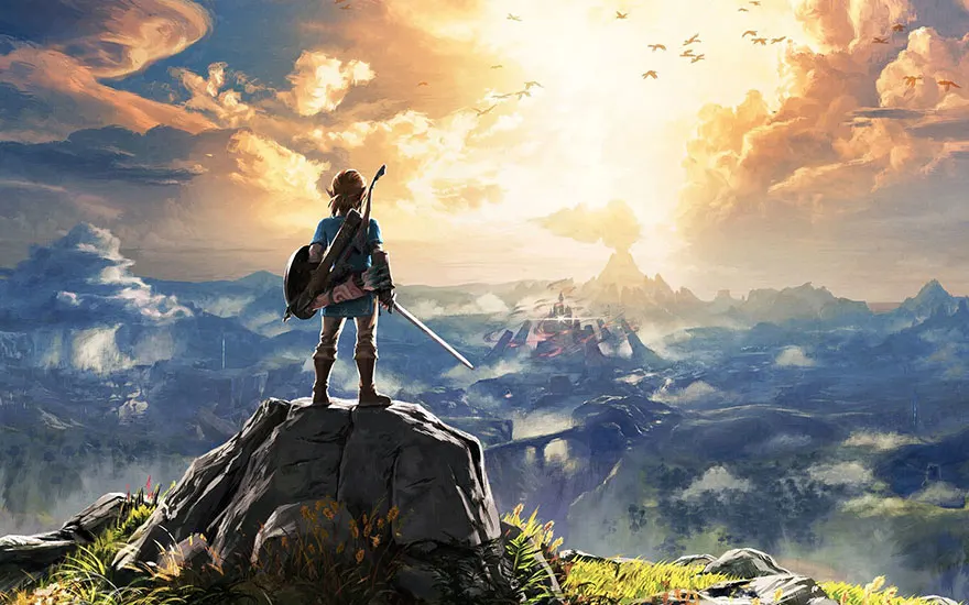 Epische Zelda-artwork met Link die uitkijkt over een uitgestrekt berglandschap bij zonsondergang, met vogels die door de lucht vliegen.