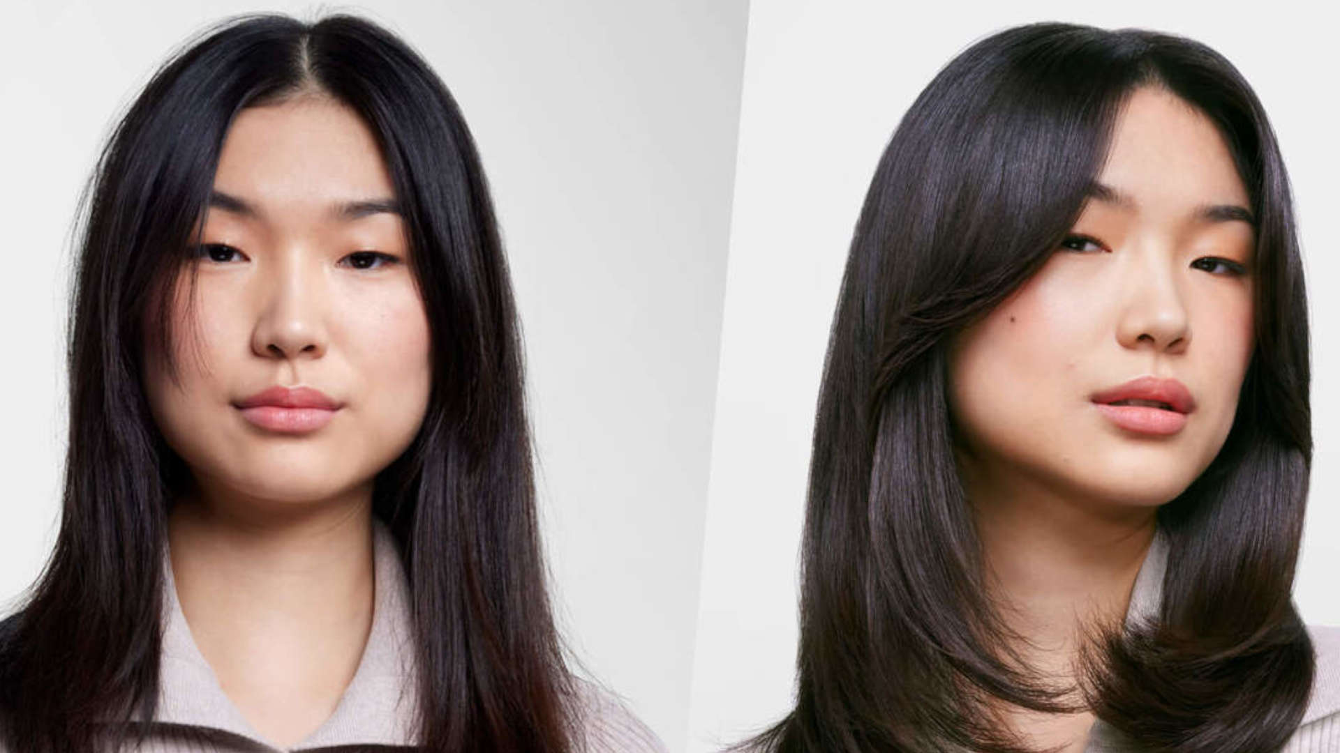 Een tweedelig beeld van een vrouw met donker haar, eerst met haar haar recht, dan gestyled met lagen. Witte achtergrond.