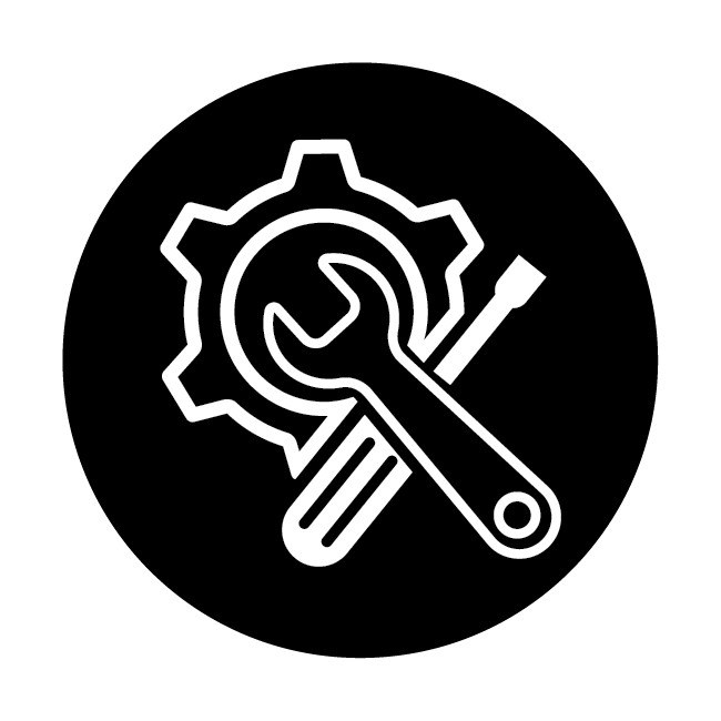 Witte sleutel, schroevendraaier en tandwiel op een zwarte cirkel. Gereedschap symboliseert technische ondersteuning of reparatie.