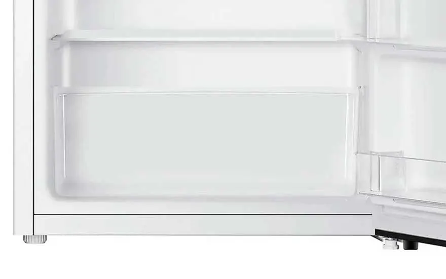 Lower part of a fridge door showing wide door bins and a white interior, with the floor edge and an adjustable foot visible.