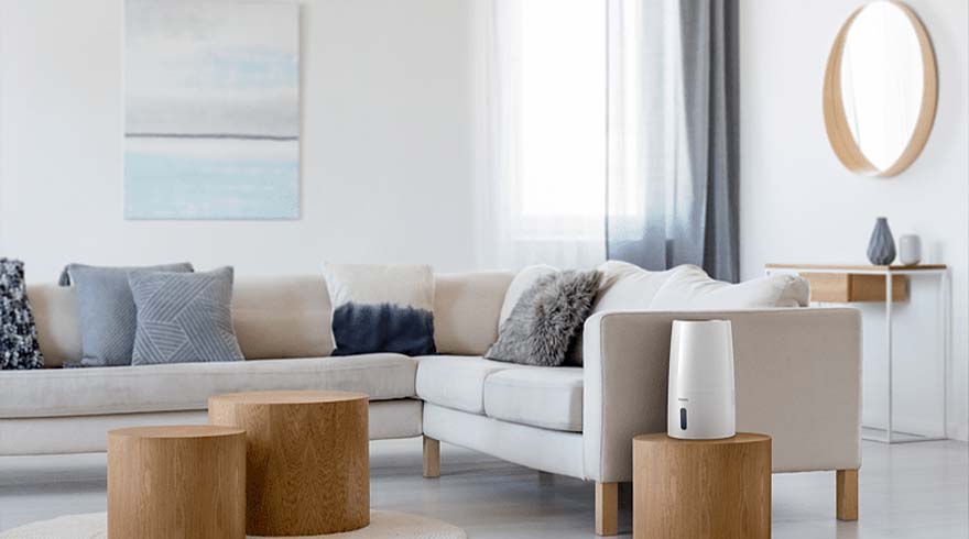 Woonkamer met witte bank, houten tafels, een witte luchtbevochtiger en een ronde spiegel aan de muur. Kunst aan de muur.