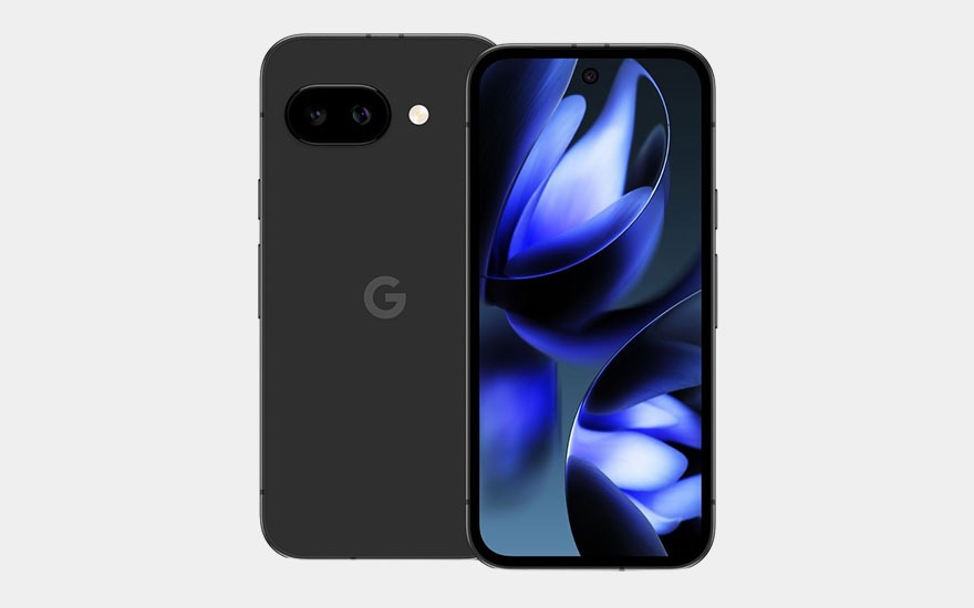 A compact black Google phone shown front and back, twin camera bar and bright display filled with glowing blue petal shapes.