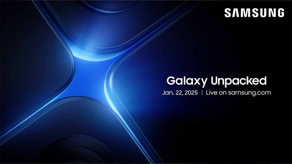 Samsung-advertentie met blauwe abstractie, 'Galaxy Unpacked' en datum 22 januari 2025.