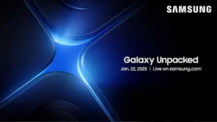 Samsung-advertentie met blauwe abstractie, 'Galaxy Unpacked' en datum 22 januari 2025.