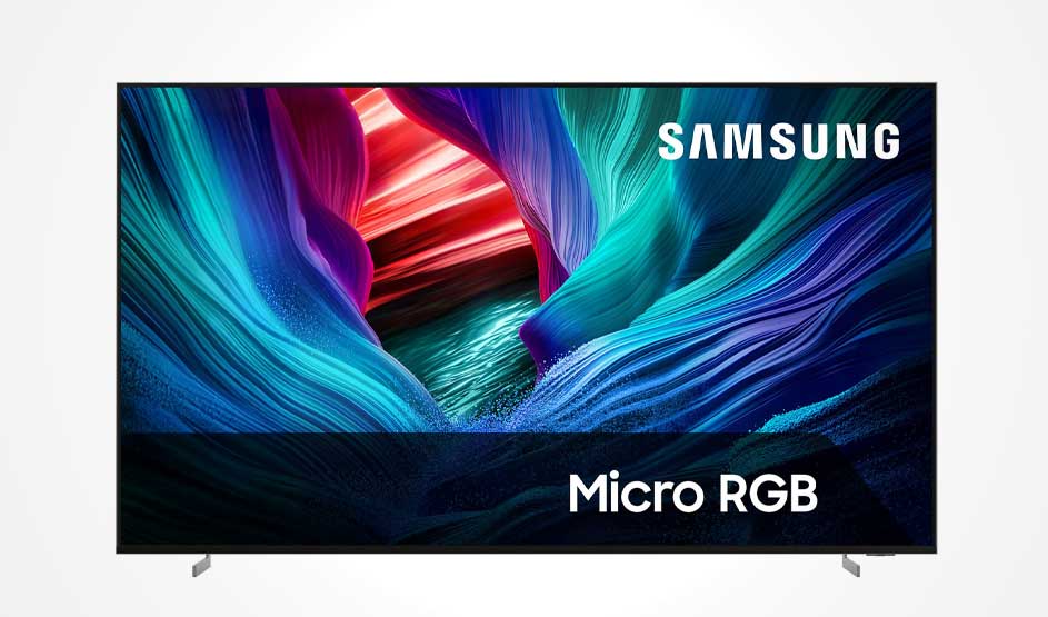 A Samsung television displays Micro RGB technology with spectacular abstract imagery. Vibrant cyan, purple and red neon lights form dynamic wavy patterns. Premium display quality demonstration showcase.