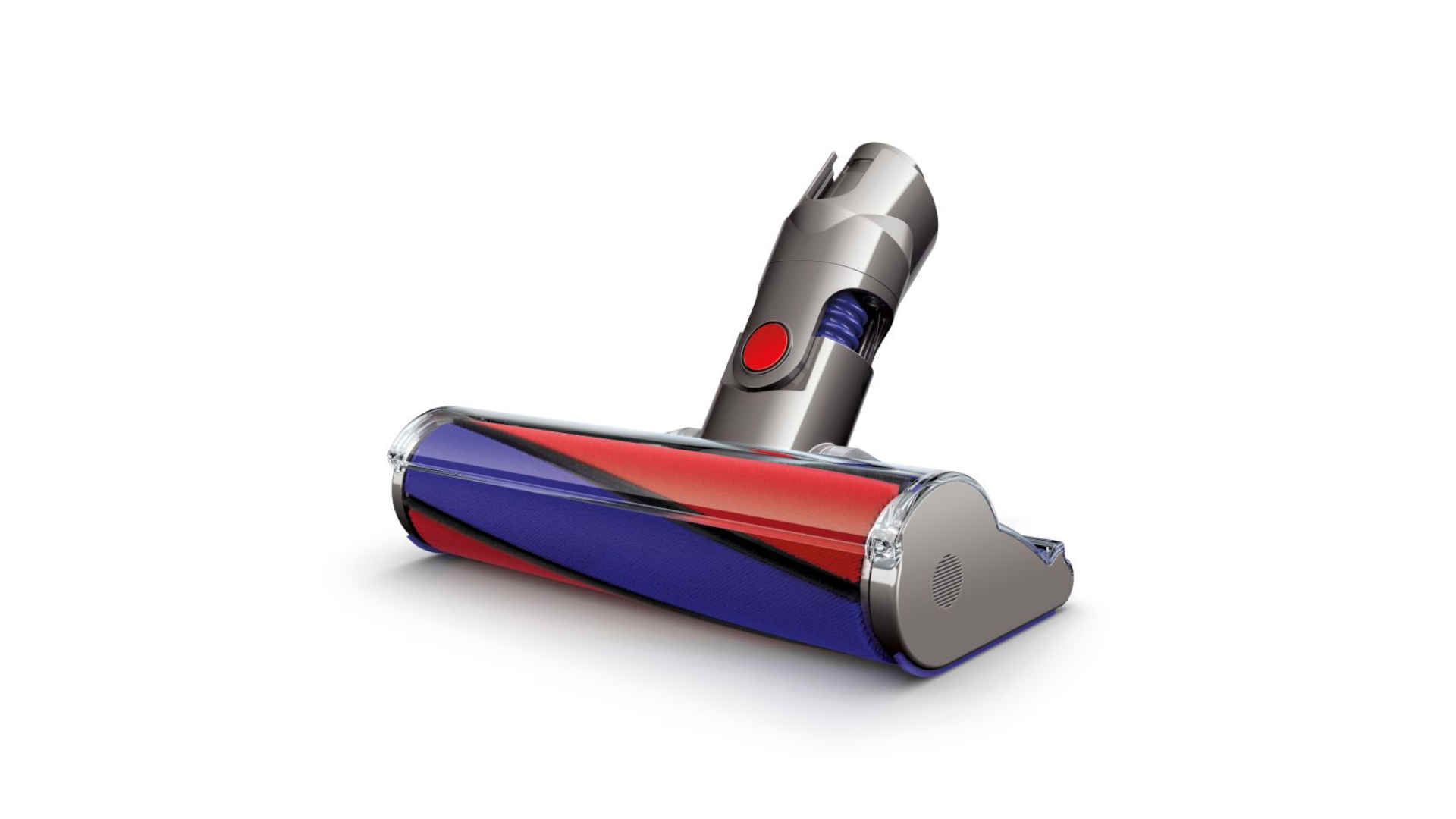 Dyson stofzuigeropzetstuk met rode en blauwe borstelrol, zilveren behuizing en rode knop op een witte achtergrond.