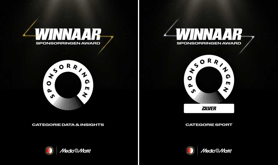 Twee zwarte awardpanelen tonen ‘Winnaar Sponsorringen Award’, met witte ring en categorieën Data & Insights en Sport.