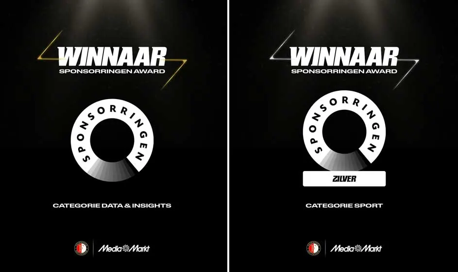 Twee zwarte awardpanelen tonen ‘Winnaar Sponsorringen Award’, met witte ring en categorieën Data & Insights en Sport.