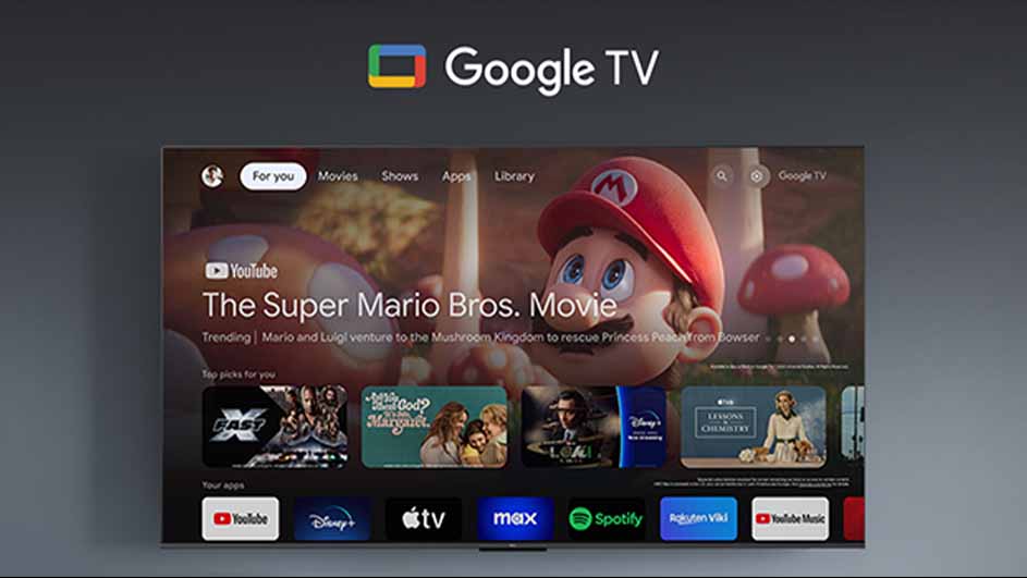 Een Google TV-interface toont 'The Super Mario Bros. Movie' met YouTube, Disney+, Apple TV, Max, Spotify en Rakuten Viki apps.