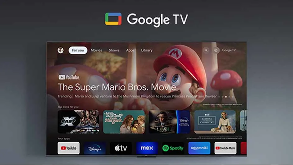 Een Google TV-interface toont 'The Super Mario Bros. Movie' met YouTube, Disney+, Apple TV, Max, Spotify en Rakuten Viki apps.